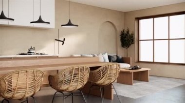 4K 3D canlandırmalı modern İskandinav ve Japon oturma ve yemek salonu..