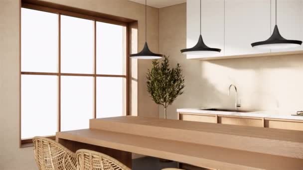 现代斯堪的纳维亚和日本风格的厨房和餐厅室内设计和装饰4K 3D渲染 — 图库视频影像