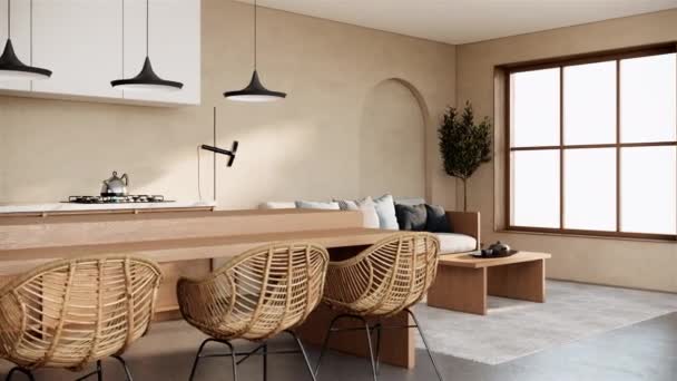 Moderno Escandinavo Japandi Sala Estar Comedor Interior Animación Renderizado — Vídeos de Stock