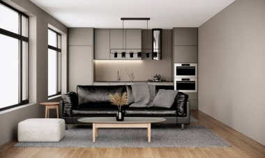 Mobilyalı modern İskandinav oda iç tasarımı, siyah deri kanepe, büyük pencere ve mutfak kentsel apartman tarzı. 3d oluşturma arkaplanı