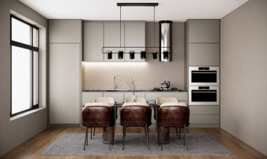 Mobilyaları, yemek odası ve mutfağı şehir tarzı olan modern İskandinav oda iç tasarımı. 3d oluşturma arkaplanı
