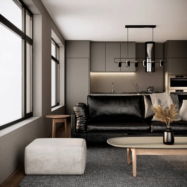 Design Intérieur Chambre Moderne Avec Mobilier Canapé Cuir Noir Fenêtre — Photo