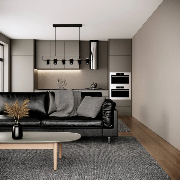 家具付きのモダンな客室のインテリアデザイン 都会のアパートメントスタイルの黒い革のソファとキッチン 3Dレンダリングの背景 — ストック写真