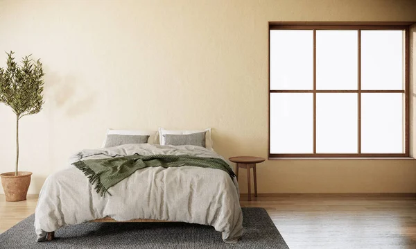 Japandi tarzı büyük pencereli iç tasarım. Modern İskandinav apartmanı. 3d oluşturma arkaplanı