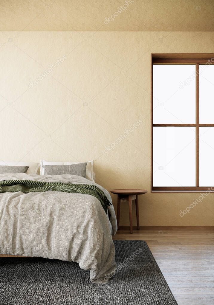 Japandi style bedroom interior design with large window. modern scandinavian apartment. 3d render vertical background