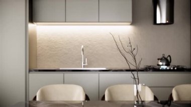 Modern gri mutfağın içi yakın çekim ile dolu. Çağdaş apartman tarzı. Sağ pan video 4k 3d canlandırması