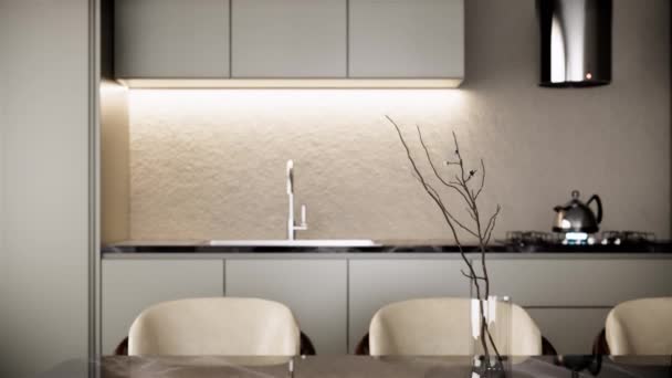 Interior Modern Gray Kitchen Close Shot Contemporary Apartment Style Pan — Stock Video