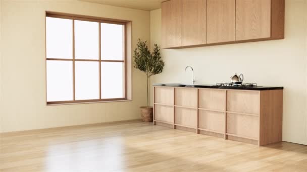 现代丑闻的内部日本人的房间 现代公寓风格 房间有大窗户 厨房和木制家具 平底锅拍摄视频4K动画 — 图库视频影像