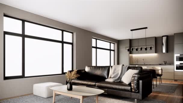 Interior Habitación Gris Moderna Con Muebles Gran Ventana Estilo Apartamento — Vídeo de stock