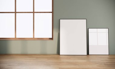 Japandi tarzı iç dizayn odasındaki boş çerçeveler ahşapla dekore edilmiş. Odada büyük bir pencere var. 3d oluşturma arkaplanı