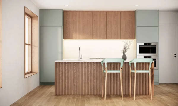 島のキッチンカウンター付きのジャンディスタイルのキッチンインテリア 現代のスカンジナビアのアパートのデザイン 3Dレンダリングの背景 — ストック写真