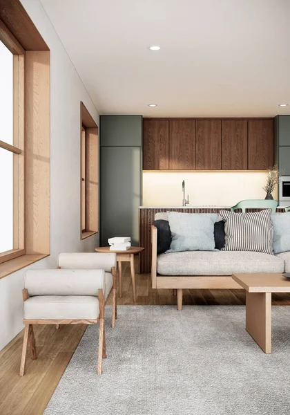 Chambre Style Japandi Design Intérieur Avec Des Meubles Bois Grandes — Photo
