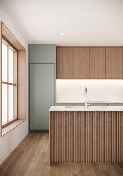 ジャンディスタイルのキッチンインテリアデザイン 木製の家具と大きな窓のあるモダンな北欧のアパート 3Dレンダリング垂直背景 — ストック写真