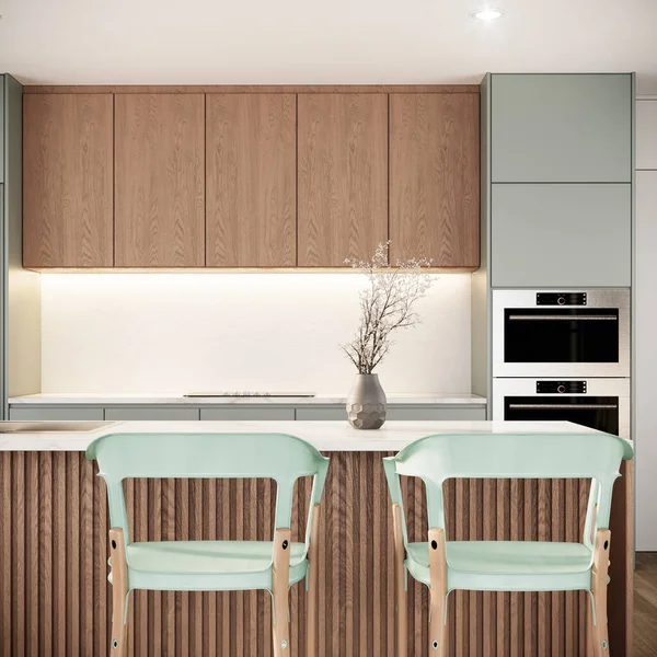 木造家具付きのジャンディスタイルのキッチンインテリア 現代のスカンジナビアのアパートのデザイン 3Dレンダリングの背景 — ストック写真