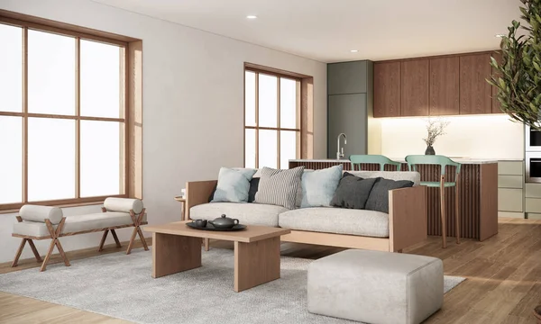 Appartement Style Japandi Design Intérieur Chambre Avec Meubles Bois Arrière — Photo