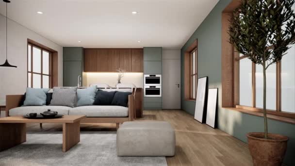 Japandi Estilo Quarto Interior Com Mobiliário Design Apartamento Moderno Pan — Vídeo de Stock