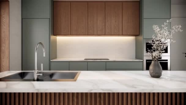 日本风格的厨房内部家具和岛屿厨房 现代公寓设计 放大拍摄3D视频4K动画 — 图库视频影像