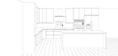 Mutfak iç tasarımı çizimi, 3D görüntüleme arkaplanı