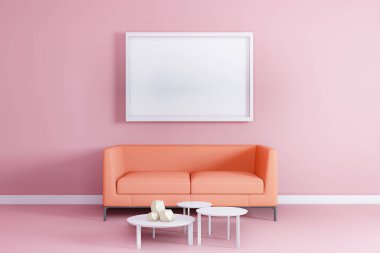 modern pembe oturma odası iç tasarımı şeftali rengi kanepe ve boş çerçeve 3D