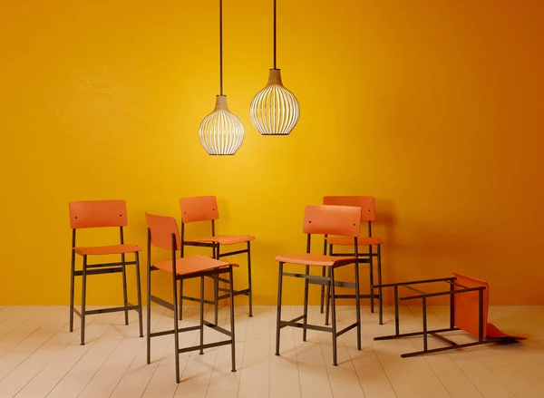 Gelber Raum Mit Orangefarbenen Stühlen Und Deckenlampe Rendering — Stockfoto