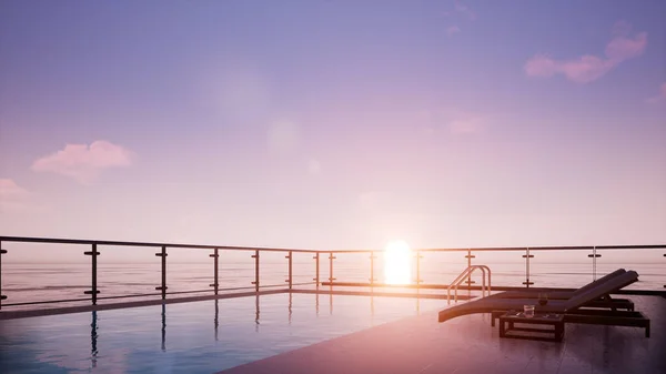 Zonsondergang Scène Vanille Hemel Uitzicht Zee Terras Met Zwembad Rendering — Stockfoto