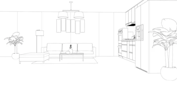 Эскиз Современной Кухни Интерьера Гостиной Рендеринг — стоковое фото