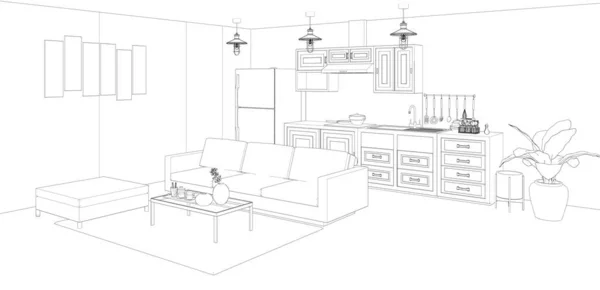 Sketsa Rumah Ruang Tamu Dan Desain Interior Dapur Render — Stok Foto