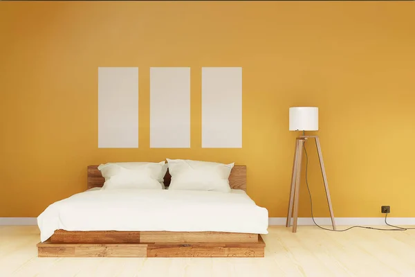 Minimales Interieur Eines Gelben Schlafzimmers Mit Doppelbett Und Leerem Bilderrahmen — Stockfoto