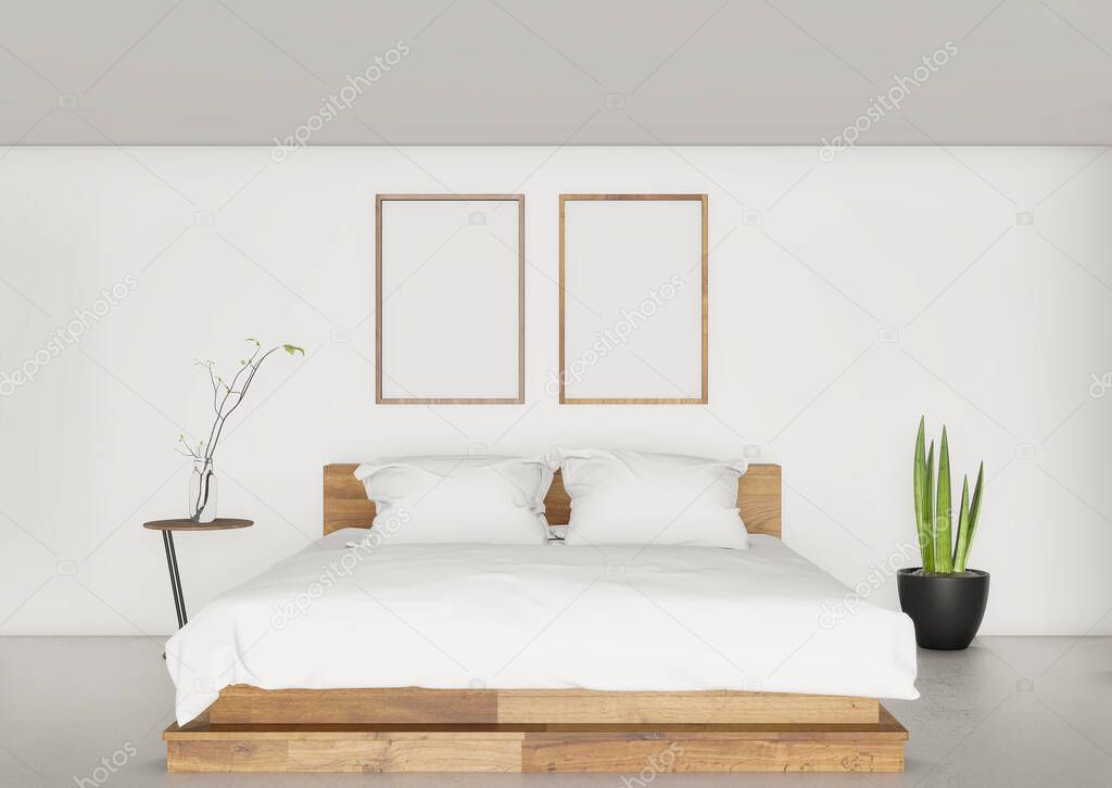 Japandi minimal interior of white bedroom with double bed, 3D rendering