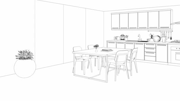 Μοντέρνα Minimal Τραπεζαρία Τραπέζι Και Καρέκλες Sketch Interior Animation Video — Αρχείο Βίντεο