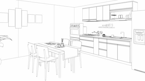 Esboço Interior Cozinha Moderna Animação Vídeo — Vídeo de Stock