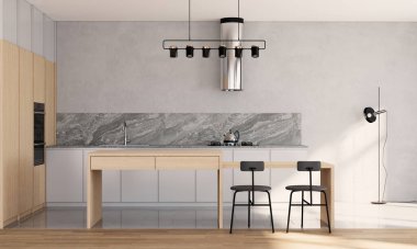 Modern İskandinav mutfak iç tasarımı Japandi tarzı. Daire fikirleri 3d oluşturma arkaplanı