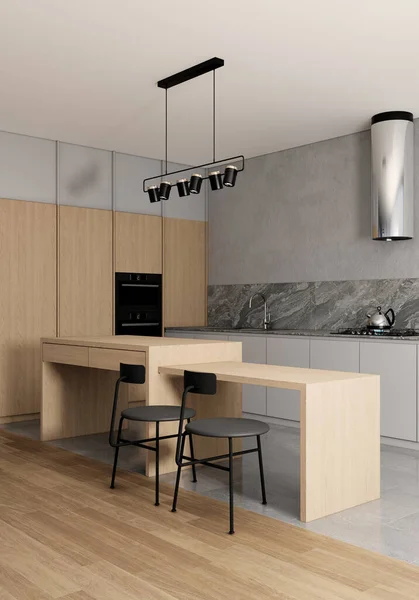 ジャンディスタイルモダンな北欧キッチンインテリアデザイン アパートのアイデア 3Dレンダリングの背景 — ストック写真