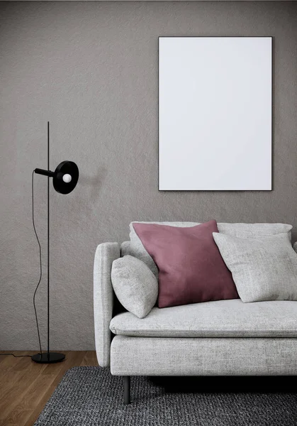 Dikey çerçeve modern oturma odasının iç kısmı, kanepe, ahşap zemin ve gri duvar, 3D görüntüleme.