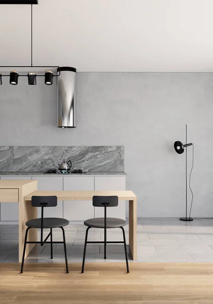 モダンな北欧キッチンインテリアジャパンディスタイル アパートのアイデア3Dレンダリング垂直背景 — ストック写真