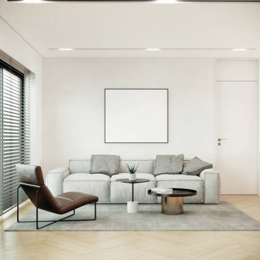 Modern tarz oturma odası iç tasarımı ve krem duvarda boş resim çerçevesi, daire ve büyük pencereden güneş ışığı. 3d oluşturma