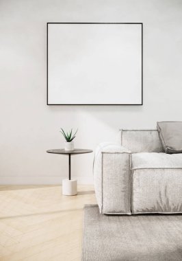 Modern Japon tarzı oturma odası iç tasarımı ve beyaz duvar, daire ve güneş ışığı üzerindeki boş resim çerçevesi. 3d oluşturma