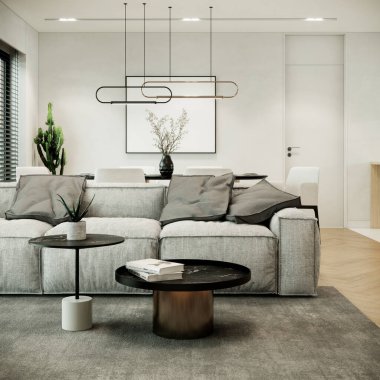 modern scandinavian style room interior with furniture. contemporary apartment design. 3d rendering background