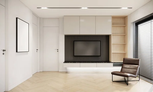 テレビ付きのモダンな日本スタイルのアパートのインテリアデザインは黒い画面を示しています ベージュの壁と木製の床 3Dレンダリング — ストック写真