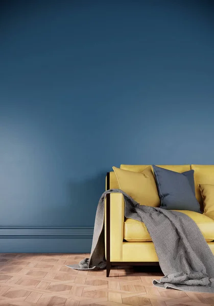 Sofá Amarillo Habitación Color Azul Diseño Interior Moderno Estilo Retro — Foto de Stock