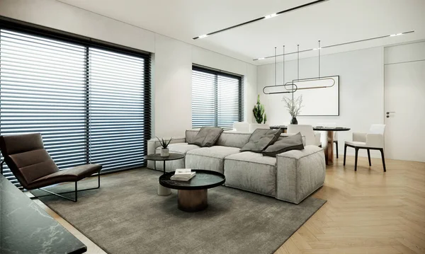 家具付きのモダンなスカンジナビアの部屋のインテリアデザイン 現代的なアパートメントスタイル 3Dレンダリングの背景 — ストック写真