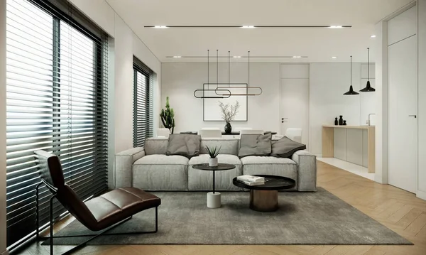 Modern Scandinavian Room Interior Design Furniture Contemporary Apartment Style Rendering — Stok fotoğraf
