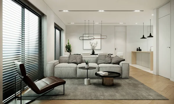 modern scandinavian room interior design with furniture. contemporary apartment style. 3d rendering background