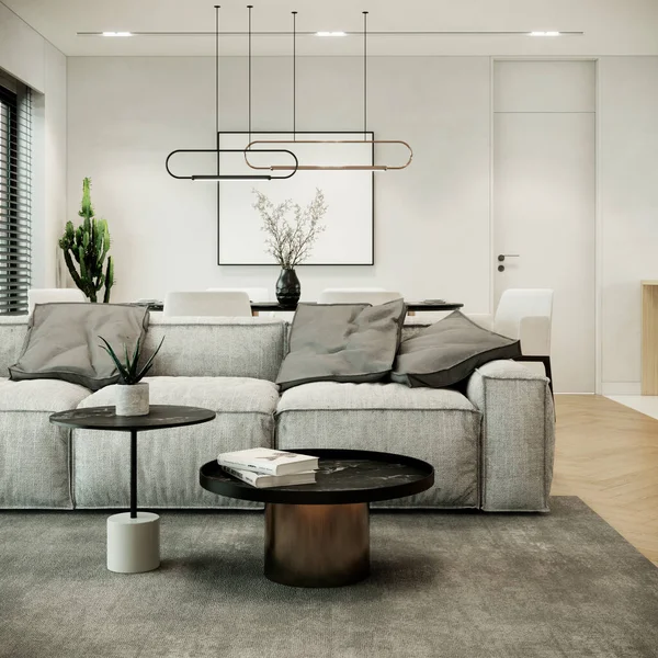 modern scandinavian style room interior with furniture. contemporary apartment design. 3d rendering background