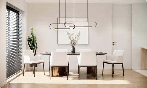家具や大きな窓のあるモダンな北欧スタイルのダイニングルームのインテリア 現代的なアパートのデザイン 3Dレンダリングの背景 — ストック写真