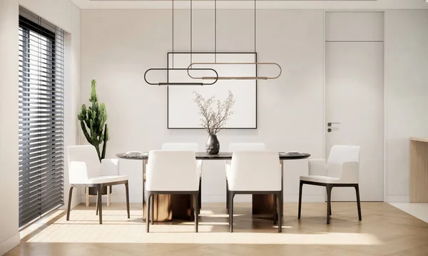 Mobilyalı ve geniş pencereli modern İskandinav tarzı yemek odası. çağdaş apartman tasarımı. 3d oluşturma arkaplanı