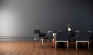 modern luxury dinning room interior design with chairs and dining table. wooden floor and gray wall, 3d rendering