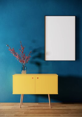 Blank picture frame mock up and yellow cabinet on blue wall, Room interior design, 3d rendering