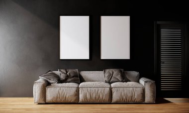 Modern room interior design. blank picture frames mock up and sofa on black wall, 3d rendering background
