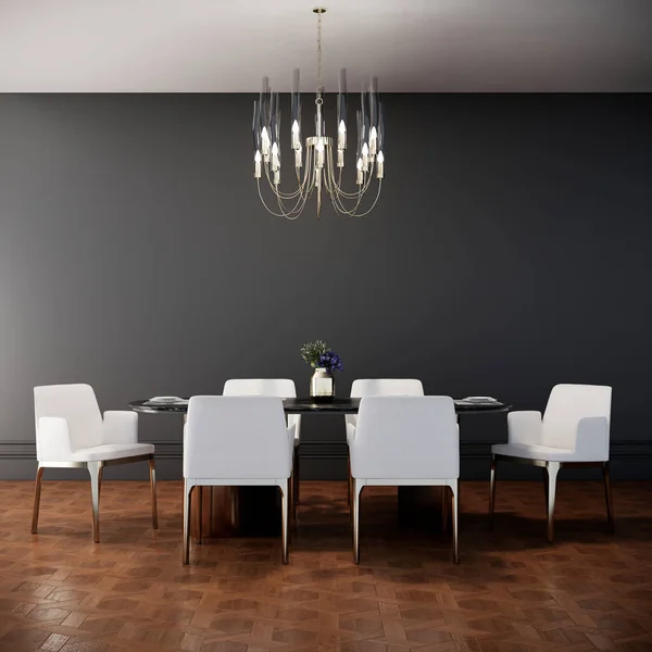 白椅子 ダイニングテーブル シャンデリア付きのモダンな高級ダイニングルームのインテリアデザイン 木製の床と灰色の壁3Dレンダリング — ストック写真
